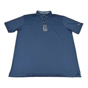 NWT MAELREG Men's 2XL Navy Blue Performance Golf Polo Palm Tree Print Wicking